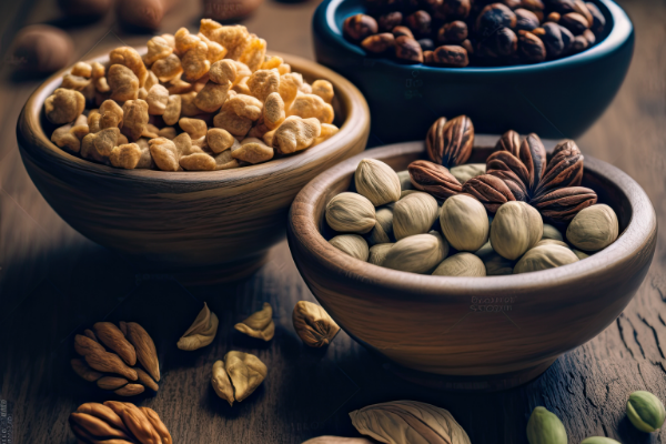 close-up-view-assorted-nuts-bowl-dishes-wooden-table-healthy-diet-concept-ai-generated